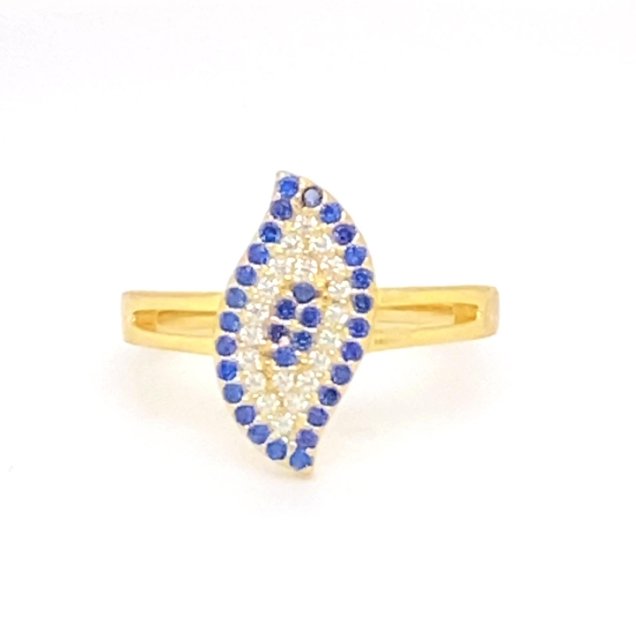 Gold Blue Crystal Tear Drop Evil Eye Ring - CM Jewellery Designs Ltd